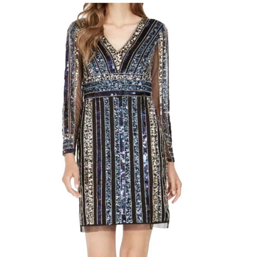 Adrianna Papell Semi Formal Sequin Dress Size 4P Mini Long Sleeve‎ Rainbow Disco